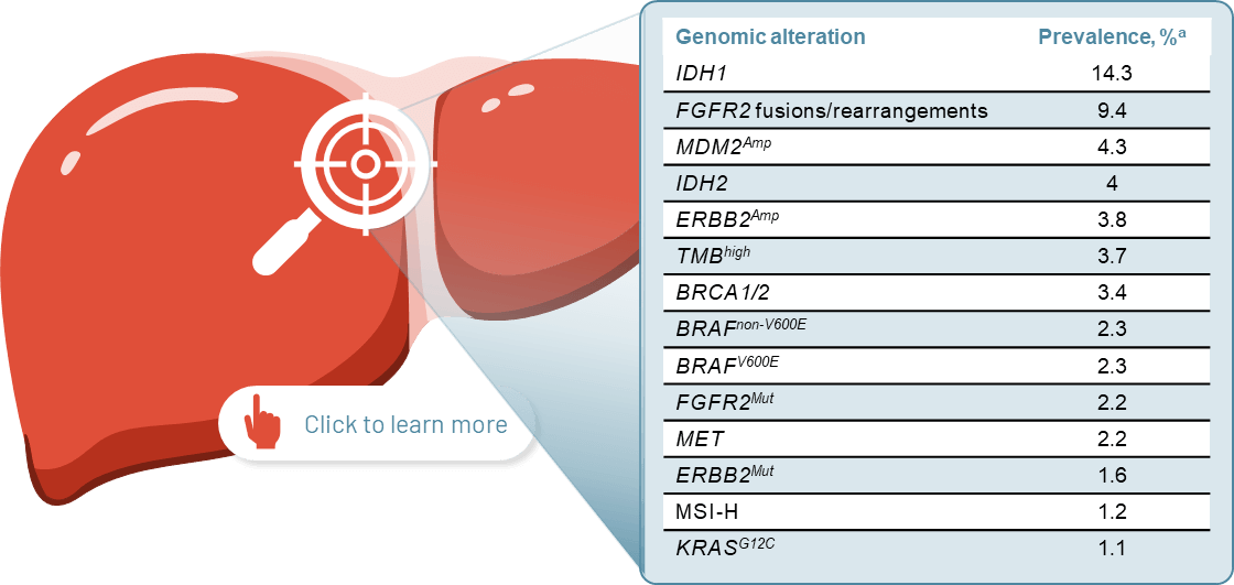 An illustration of a liver with a table showing the genomic alterations and the prevelance percentage